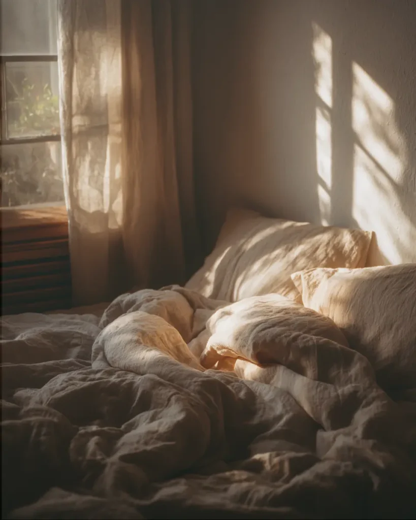 light flooding though the window of a home. An unmade bed is the focal point