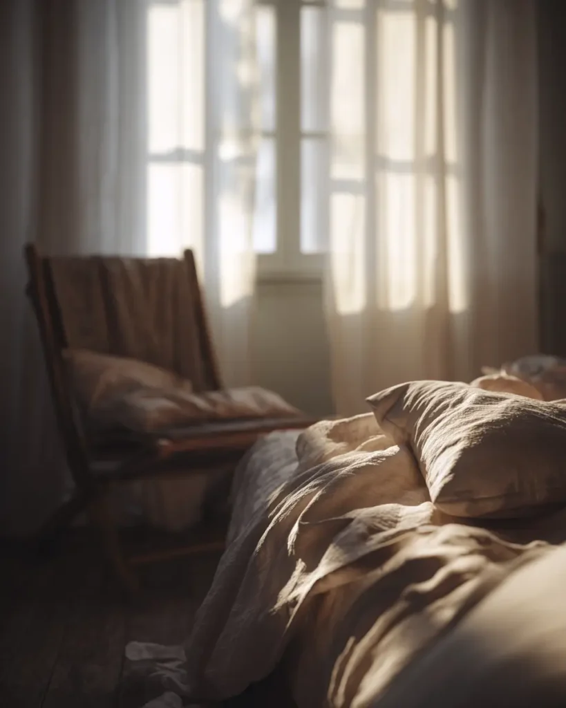 Bedroom in neutral tones with a light streaming through the window and a chair placed on the left