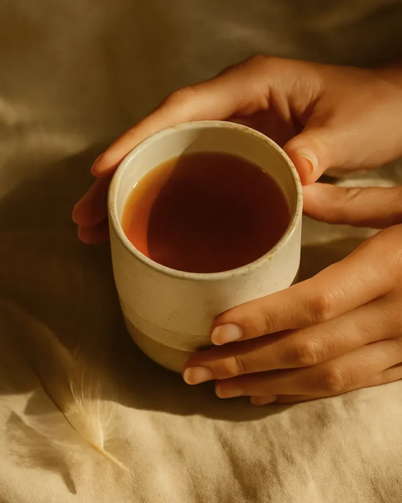 Hands holding a warm drink in soft natural light, representing calm decision-making when choosing a doula in London