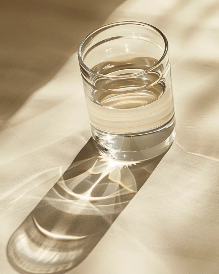 A glass of water sat on a surface, it's reflection is visible