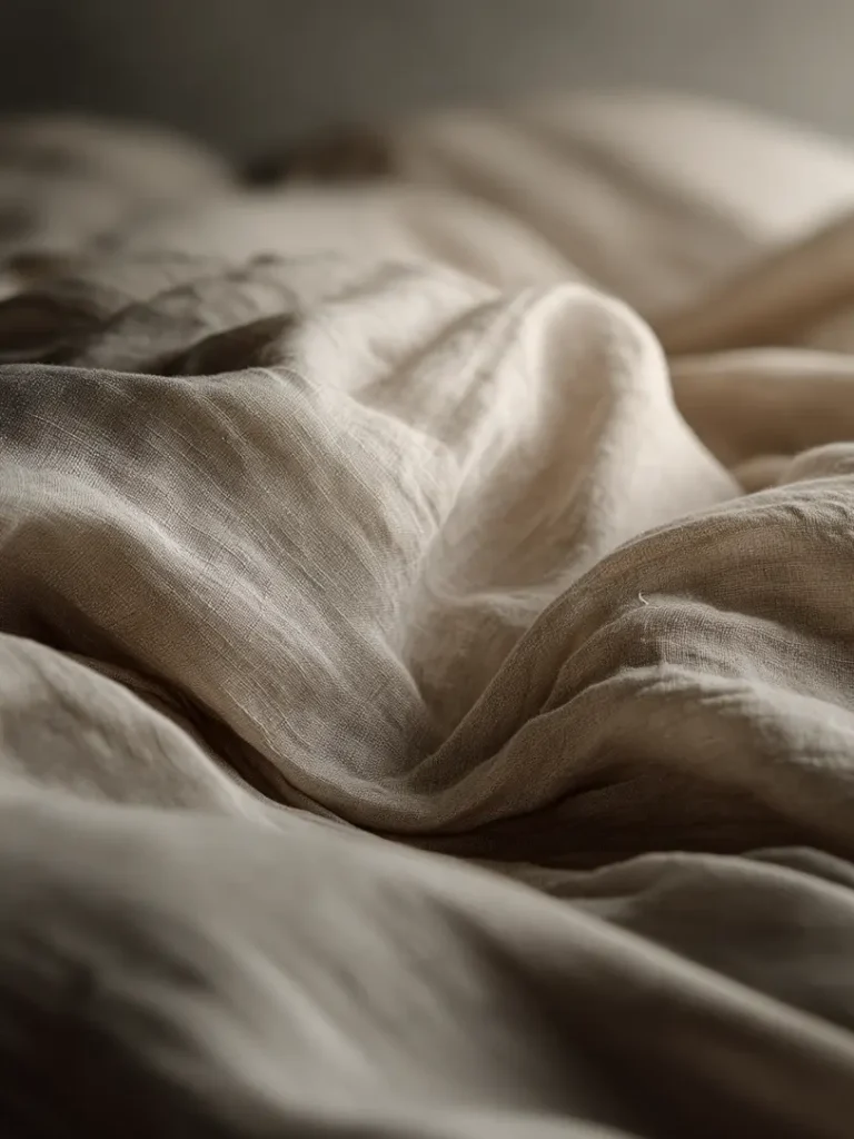Close up of softly crumpled grey linen duvet