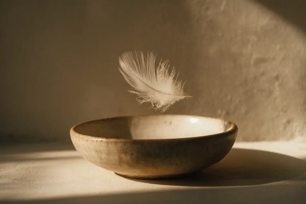 feather landing into a bowl