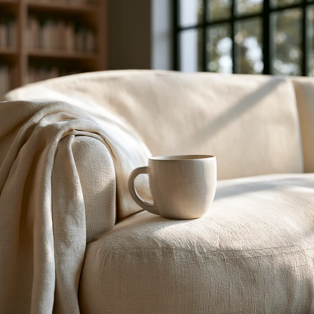 Ceramic mug on a cream sofa beside a draped blanket in soft morning light.